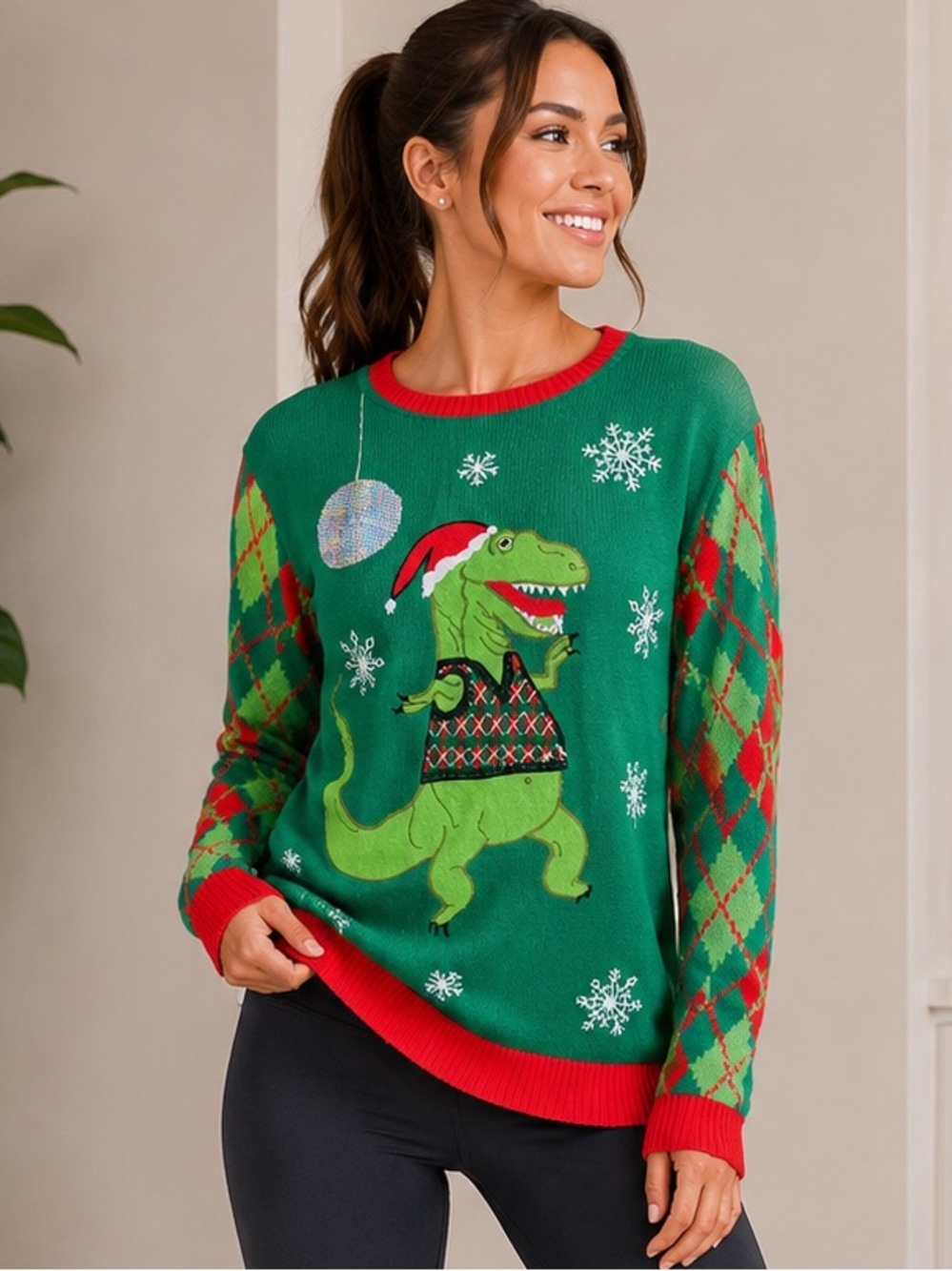 Jolly Sweater Green Dino Holiday Sweater unisex Large